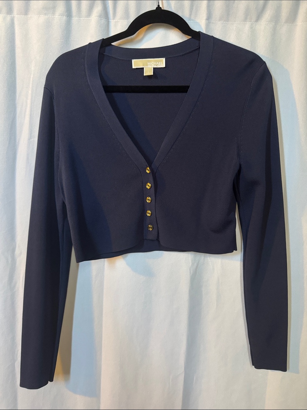 MICHAEL Michael Kors Navy Cropped V-Neck Cardigan with Gold Buttons